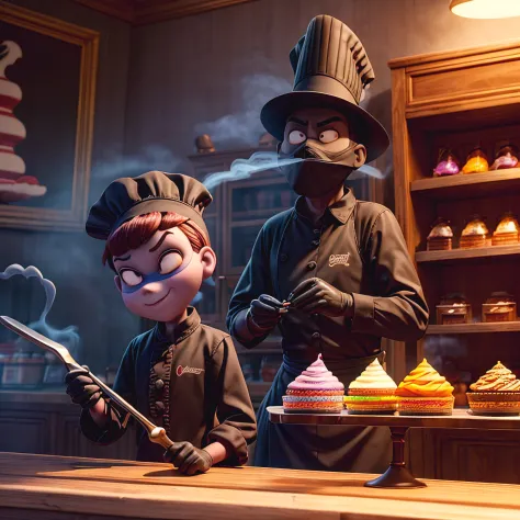 pixar style, a (shadowy smoke monster) posing as a (confectioner) behind a register on a counter in a candy shop, chef-hat, (low...