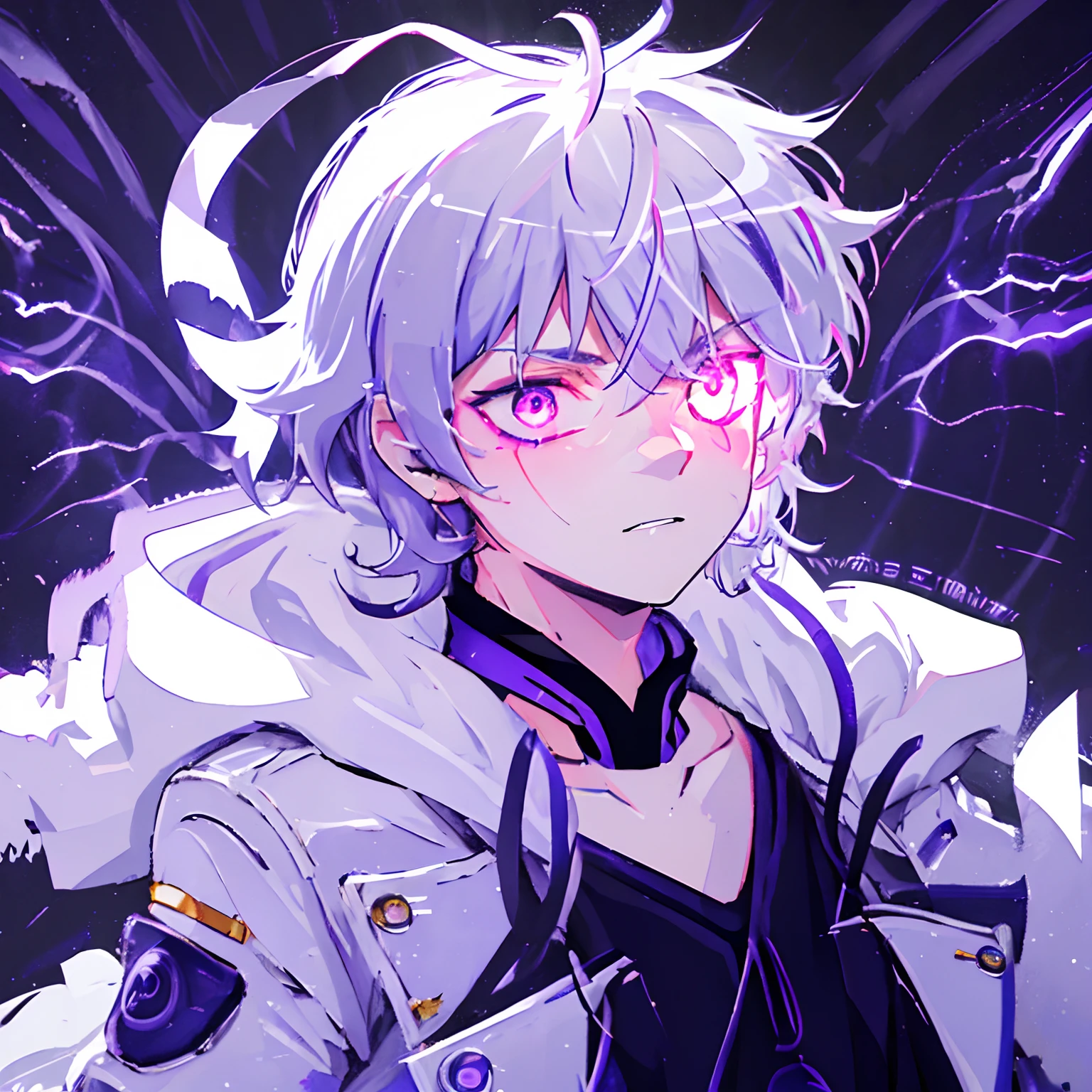 realistic, cinematic light, horror, highest quality, ultra-detailed, best quality, masterpiece, (detailed face) 1boy,solo, glowing eyes, purple energy, Dark purple aura, white spiky hair