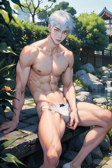 A Korean man, Slim body , Pale Asian skin, good eyes, Detailed body, Detailed face, Wear white thongs, Bare lower body, Good outdoor lighting, Seated and sexy poses, Good expression , Sexy but cute, No strange poses, No beard, ,Only skinny thongs, A handso...