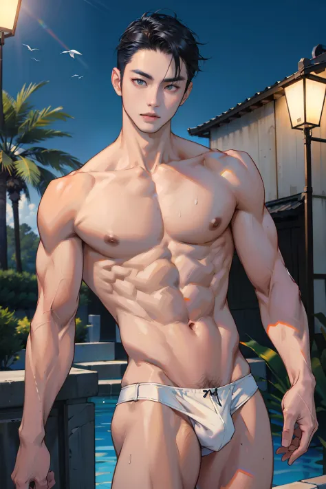 A Korean man, Slim body , Pale Asian skin, good eyes, Detailed body,massive bulge， Detailed face, Wear white thongs, Bare lower body, Good outdoor lighting, sexyposture, Good expression , Sexy but cute, No strange poses, No beard, ,Only skinny thongs, A ha...