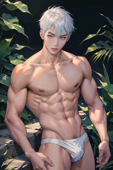 A Korean man, Slim body , Pale Asian skin, good eyes, Detailed body,massive bulge， Detailed face, Wear white thongs, Bare lower body, Good outdoor lighting, a sexy pose, Good expression , Sexy but cute, No beard, ,Only skinny thongs, A handsome face like a...