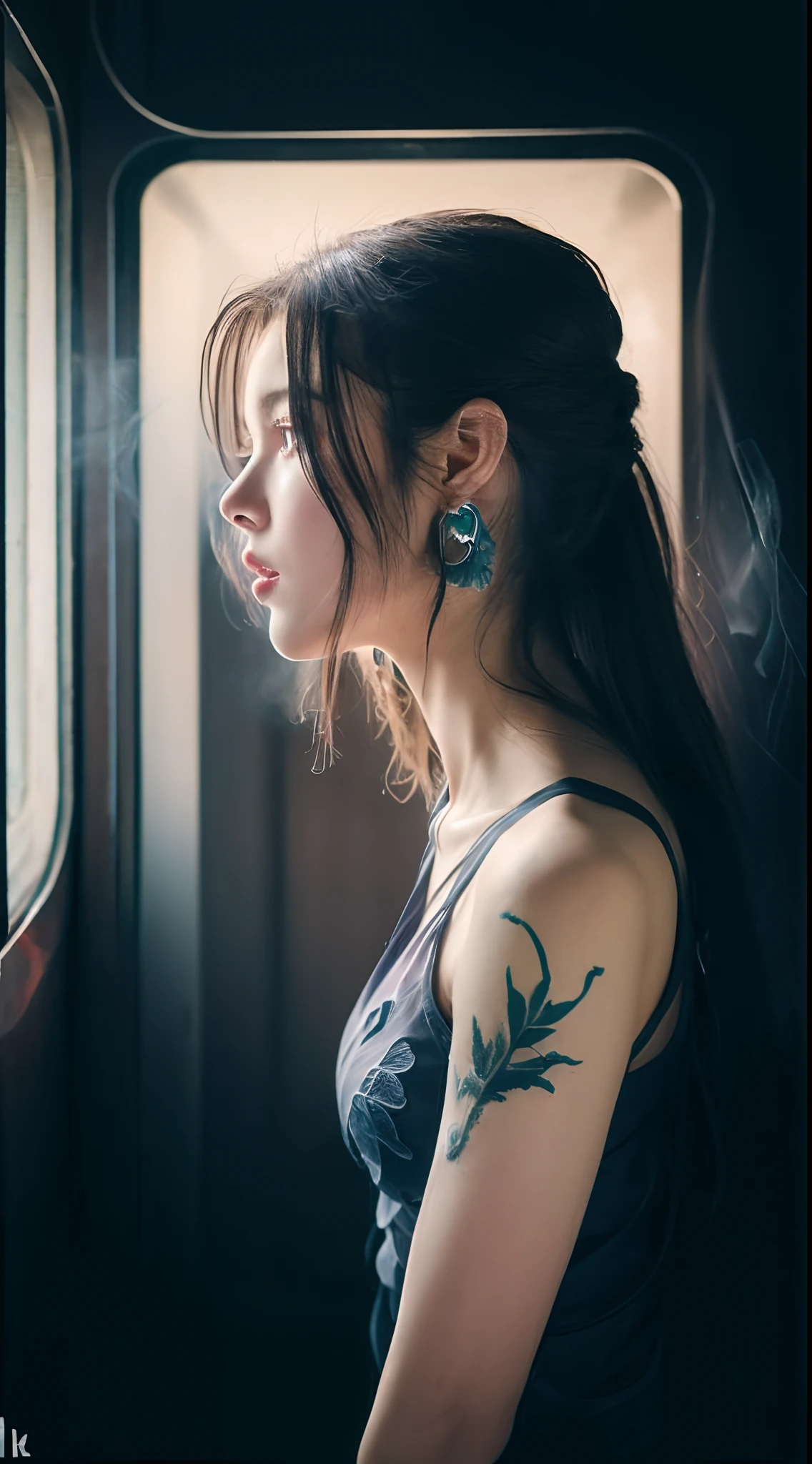 Long lavender hair,chonmage,pale blue color eyes,(Realistic:1.37)Red floral tattoo,Crystal earrings,Quinton,(surrealism:1.1),(Cinematic lighting:1.05),(reflective light:1.1),(Letterbox format:1.15),(profile:1.05),(From behind:1.1),(Best quality,4K,8K,A high resolution,Masterpiece:1.2),Ultra-detailed,Fuzzy dragon-shaped smoke，spacewalk