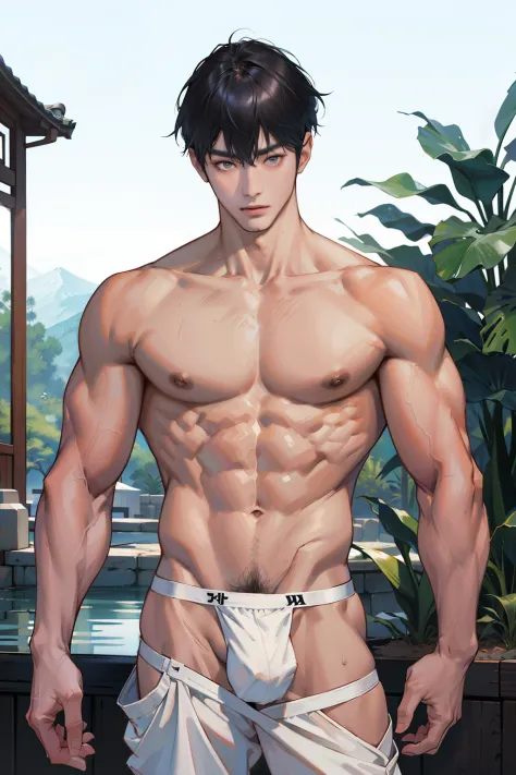 A Korean man, Slim body , Pale Asian skin, good eyes, Detailed body,massive bulge， Detailed face, Wear white thongs, Bare lower body, Good outdoor lighting, A sexy pose, Good expression , Sexy but cute, No beard, ,Only skinny thongs, A handsome face like a...