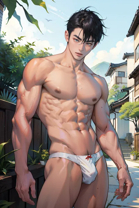 A Korean man, Slim body , Pale Asian skin, good eyes, Detailed body,massive bulge， Detailed face, Wear white thongs, Bare lower body, Good outdoor lighting, A sexy pose, Good expression , Sexy but cute, No beard, ,Only skinny thongs, A handsome face like a...
