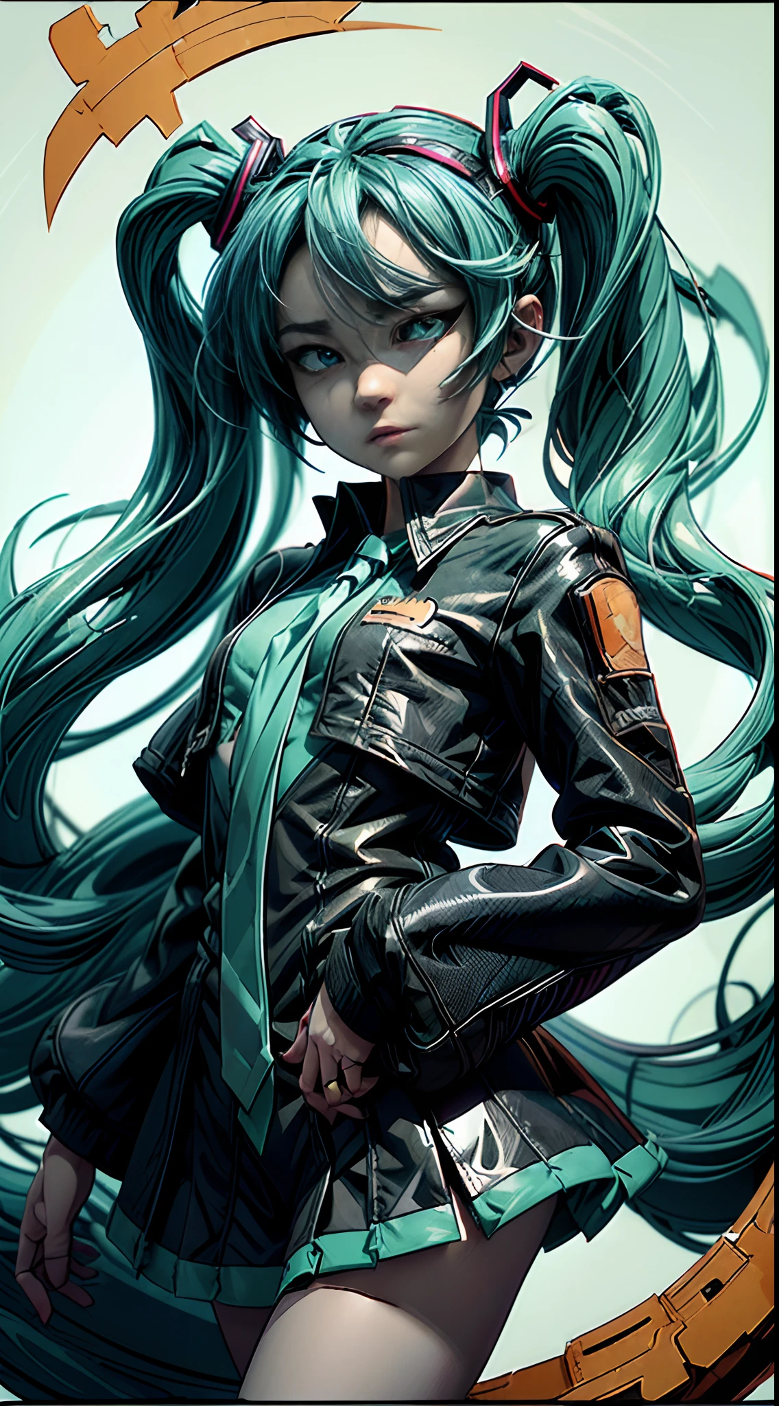 midshot, (cel-shading style:1.6), centered image, ultra detailed illustration of Hatsune Miku, posing, (tetradic colors), inkpunk, ink lines, strong outlines, art by MSchiffer, bold traces, unframed, high contrast, (cel-shaded:1.1), vector, 32k resolution, best quality, flat colors, flat lights