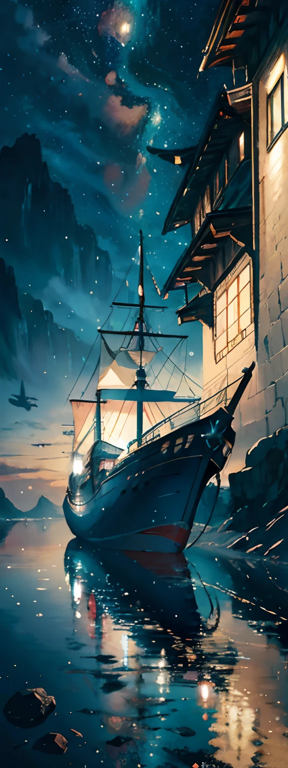 there is a small boat with wings that is floating on the water at night time with stars,cgsociety, space art, Romantic fantasy, Anime, detailed painting, Artstation, detailed matte painting, deviantart, Landscape, fantasy art, picture, sink49, matte painting, fine art painting, 3D, Lost world, Wordtoons, Wall Mural, Nautical fiction, Parallel world, shutterstock, neo-romanticism, behance, romanticism, Blu, stranded, petapeta, Magic realism, computer art, Guan Liang, Yu Hong, Meidias Painter, vorefection, nauvvii, Hiroshi Yoshida"