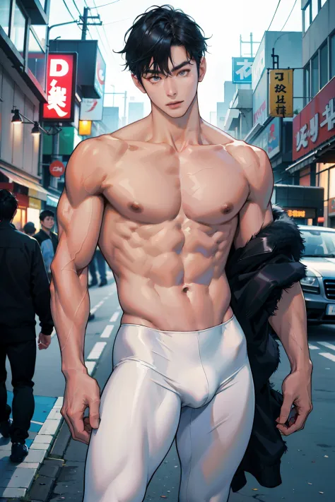 A Korean man, Slim body , Pale Asian skin, good eyes, Detailed body,massive bulge， Detailed face, Wear one-piece leggings, Bare lower body, Good outdoor lighting, A sexy pose, Good expression , Sexy but cute, No beard, ,Only tights, A handsome face like a ...
