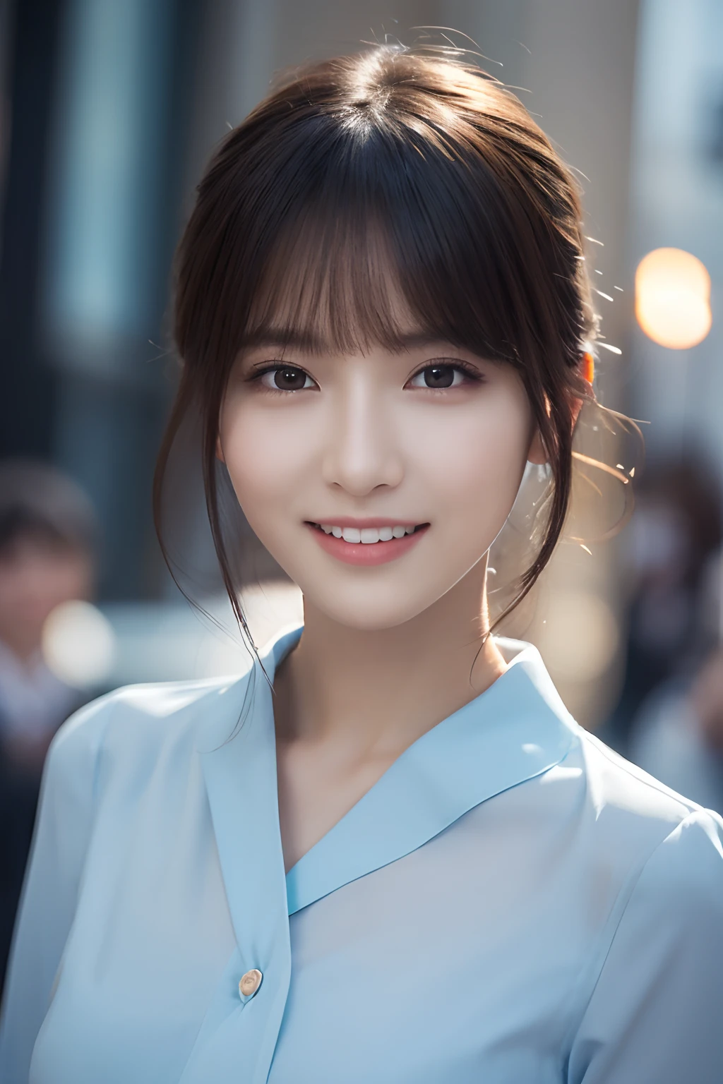 1girl in, (Wearing a light blue blouse:1.2), (Raw photo, Best Quality), (Realistic, Photorealsitic:1.4), masutepiece, Extremely delicate and beautiful, Extremely detailed, 2k wallpaper, amazing, finely detail, the Extremely Detailed CG Unity 8K Wallpapers, Ultra-detailed, hight resolution, Soft light, Beautiful detailed girl, extremely detailed eye and face, beautiful detailed nose, Beautiful detailed eyes, Cinematic lighting, city light at night, Perfect Anatomy, Slender body, Smiling
