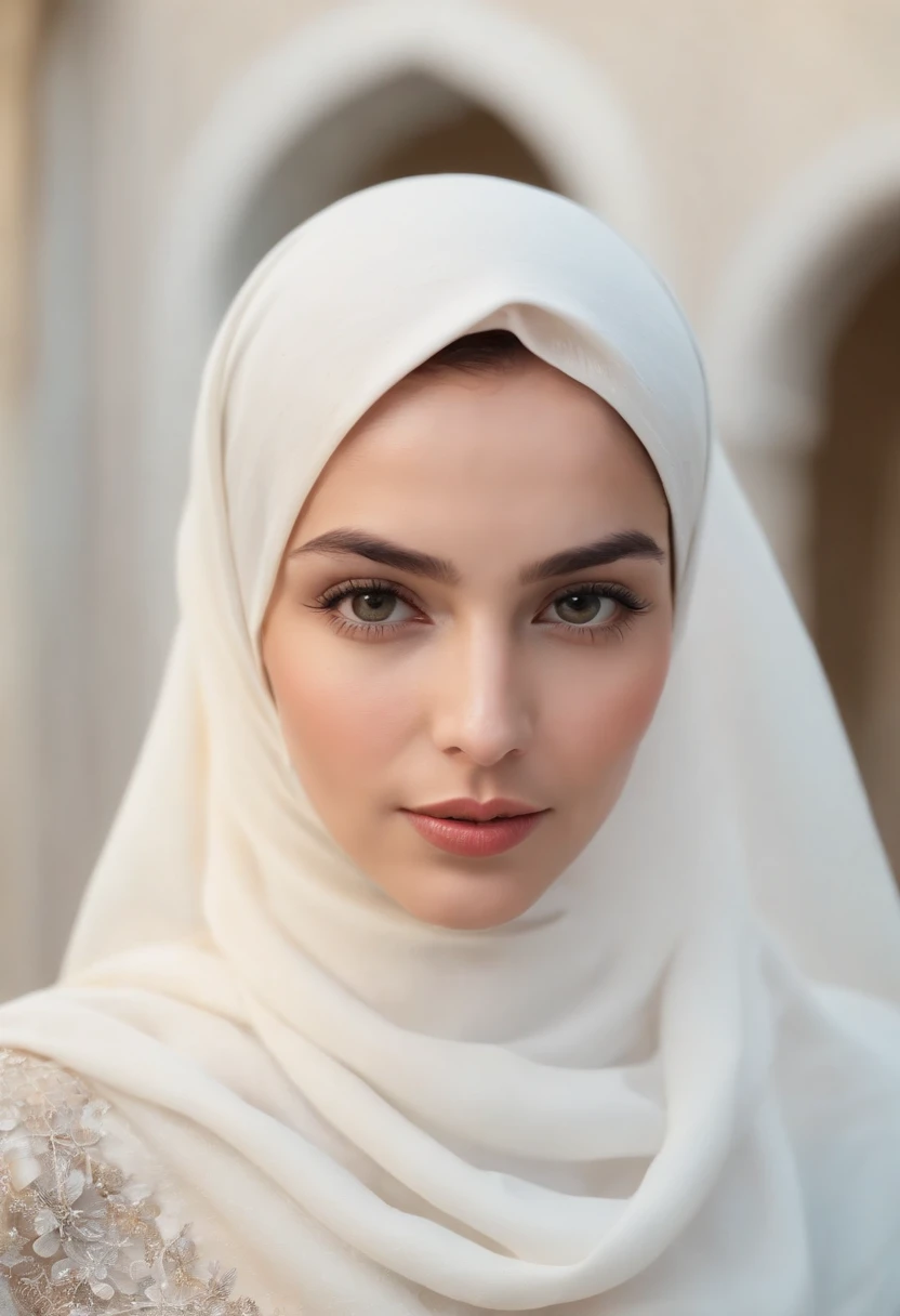 A close up of a woman wearing a white and black hijab - SeaArt AI