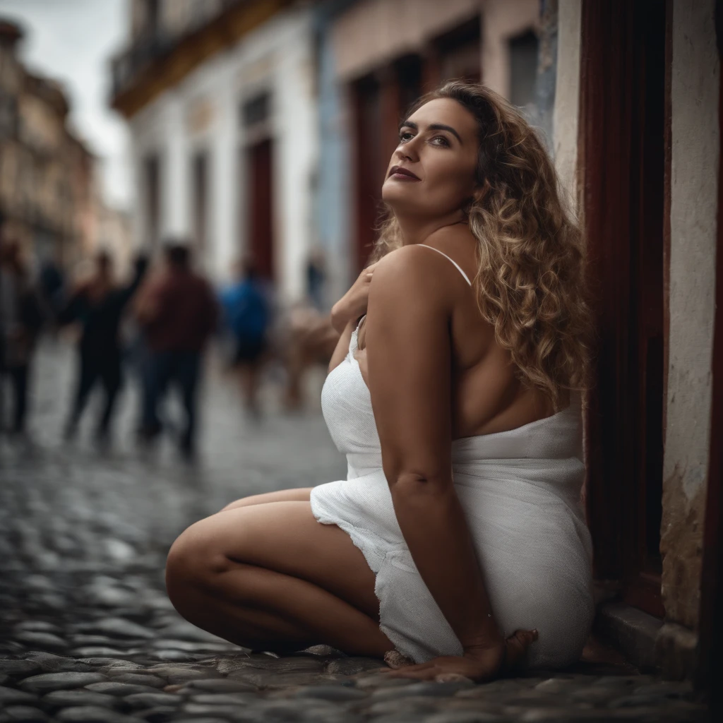 Arafed woman in white dress sitting on cobblestone street - SeaArt AI