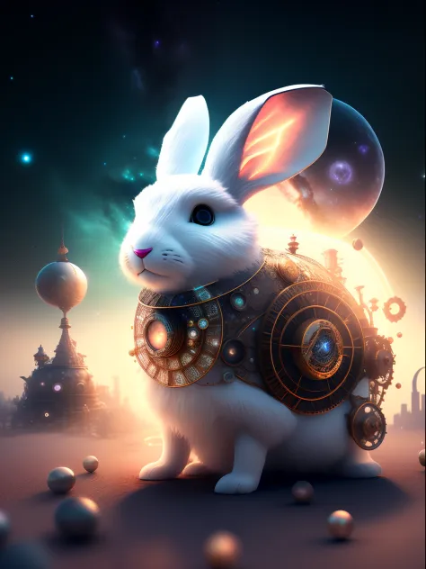Steampunk white rabbit shape，full bodyesbian，It is surrounded by the Milky Way，spirals，the space，Starcloud，As estrelas，smog，Irridescent color，Complicated details，rendering by octane，hyper realisitc，8K，Upper lighting，DreamlikeArt