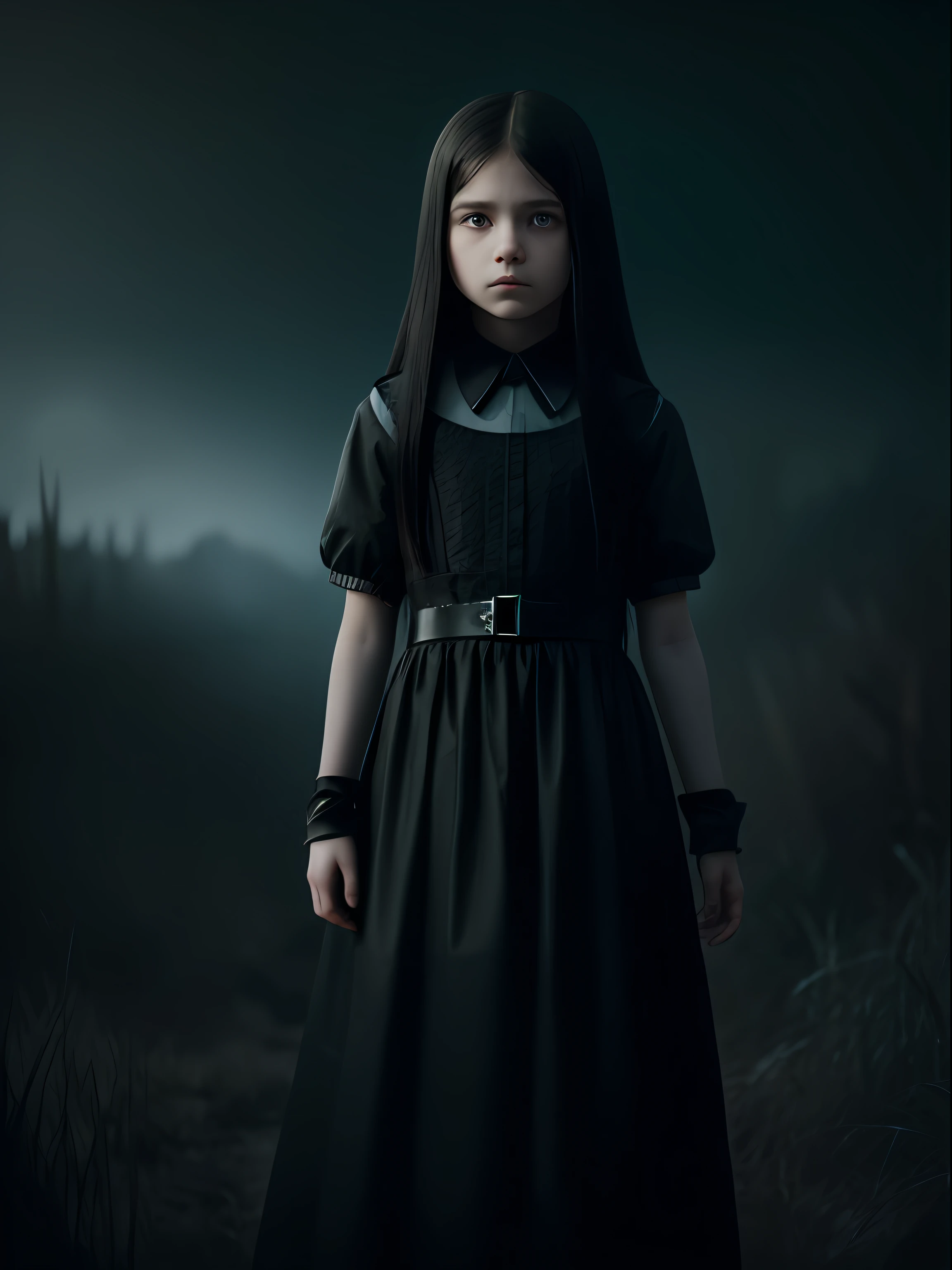 A pre teen 10 years old girl with pale skin and long, straight black hair. large and dark eyes , with an intense and enigmatic expression. wearing the orphan movie clothe style, with a more elegant and sophisticated touch, something that matches her mysterious and strong personality. Overall, her appearance would be striking, attracting curious and intrigued looks. flat chested, cinematic lighting, chromatic aberration, backlighting, masterpiece, high details, high quality, 4K.