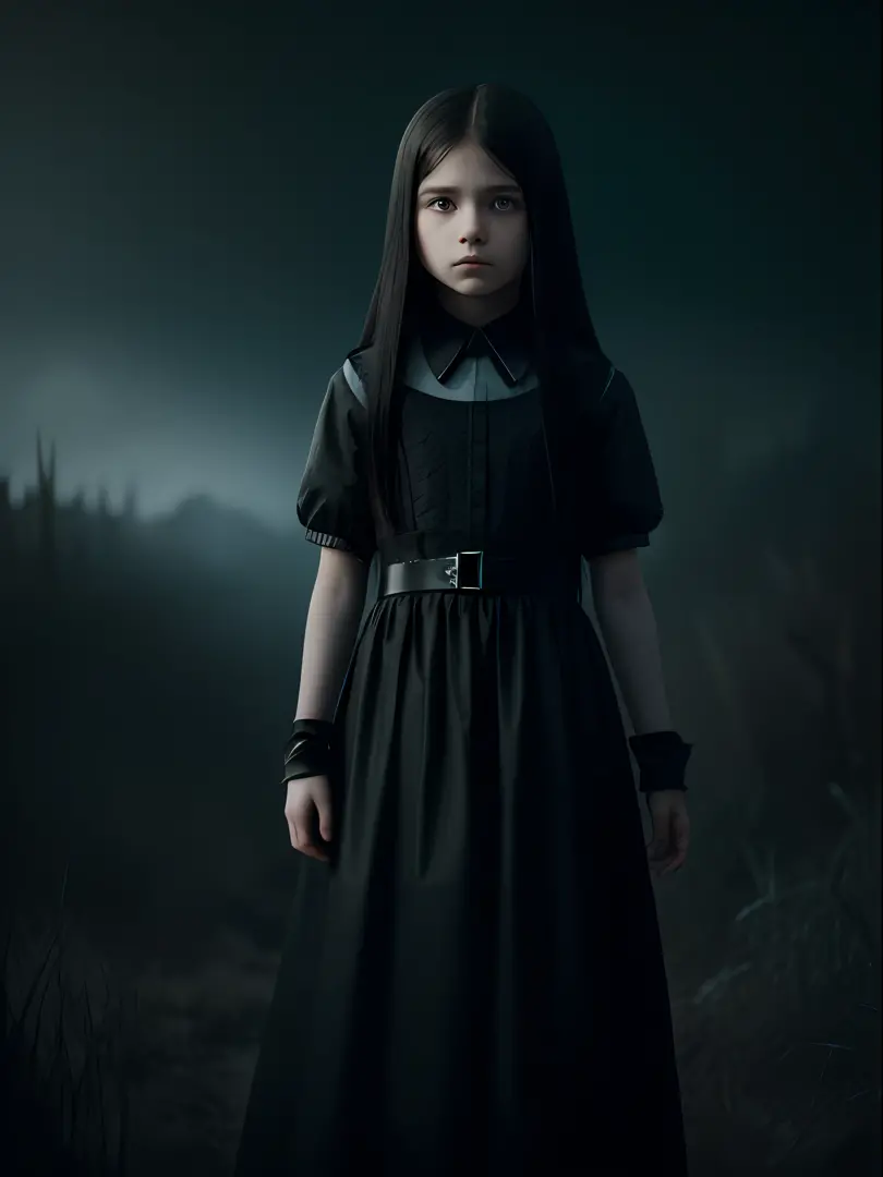 a pre teen 10 years old girl with pale skin and long, straight black hair. large and dark eyes , with an intense and enigmatic e...