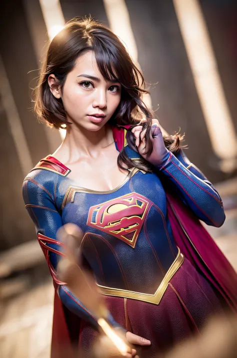 black hair woman posing for a photo,(wearing supergirl_cosplay_outfit:1.3), good hand,4k, high-res, masterpiece, best quality, h...