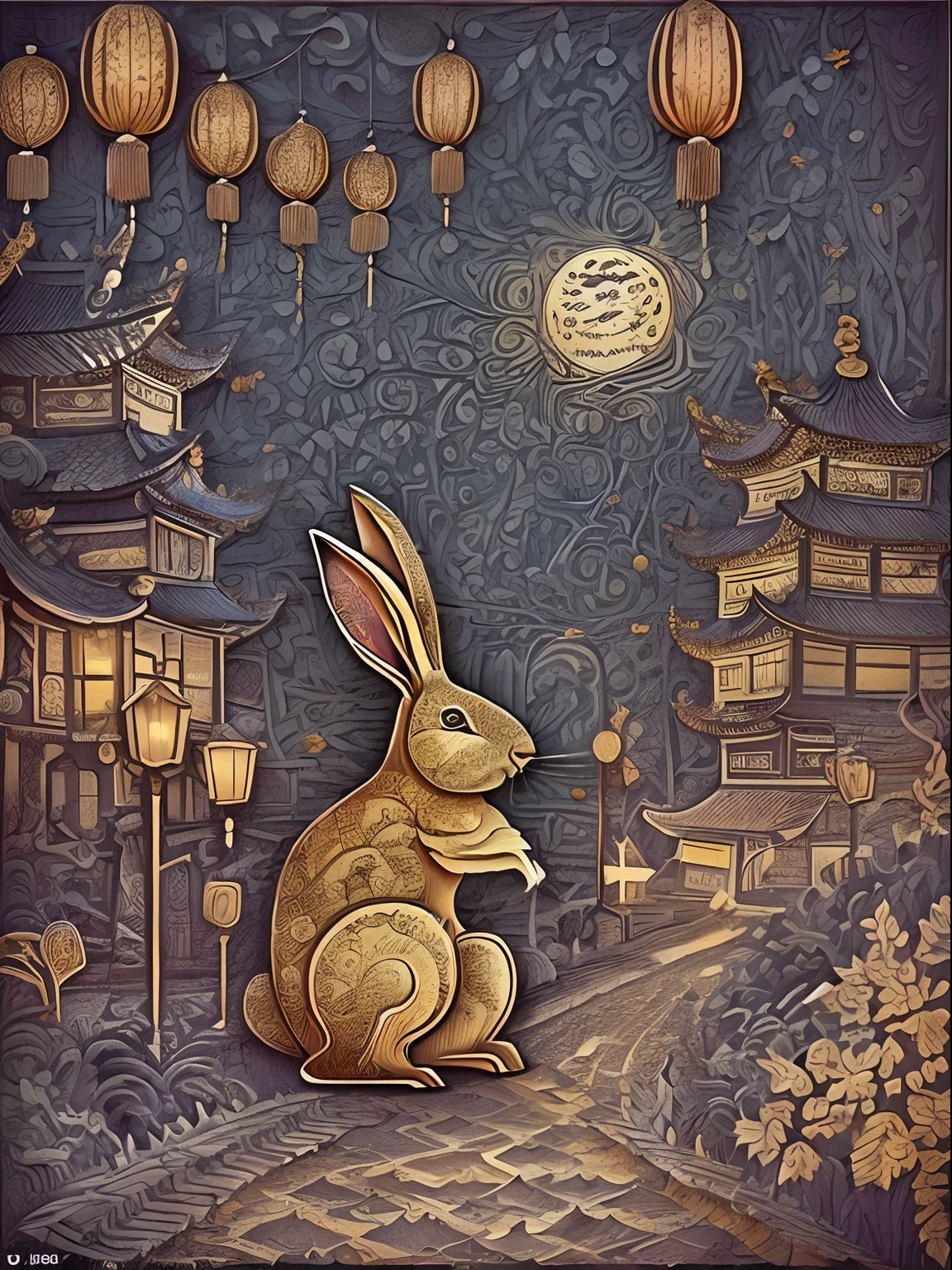 MDJRNY-PPRCT，(Big rabbit:1.5)，Mid-Autumn Festival，Festival lanterns，The background is an ancient Chinese street，Oriental style pattern，exquisitedetails，arte em papel cortado，s fractal art，opulent,(high detal:1.2)