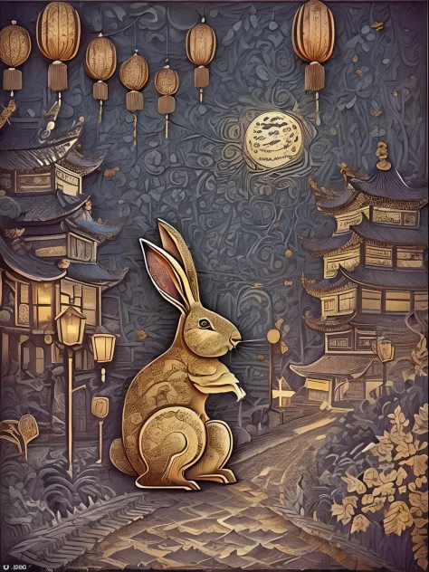 MDJRNY-PPRCT，(Big rabbit:1.5)，Mid-Autumn Festival，Festival lanterns，The background is an ancient Chinese street，Oriental style p...