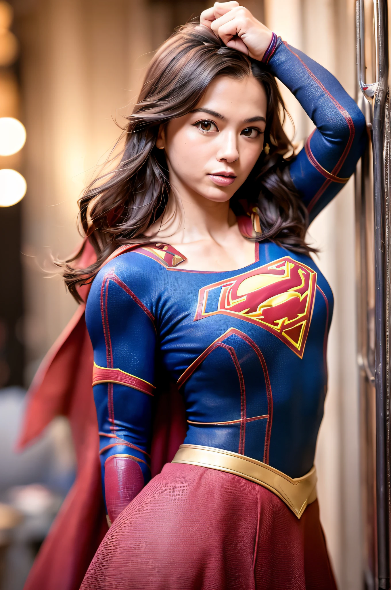 black hair woman posing for a photo,(wearing supergirl_cosplay_outfit:1.3),mini_skirt, good hand,4k, high-res, masterpiece, best quality, head:1.3,((Hasselblad photography)), finely detailed skin, sharp focus, (cinematic lighting), collarbone, night, soft lighting, dynamic angle, [:(detailed face:1.2):0.2],(((5 stars hotel))), outside,