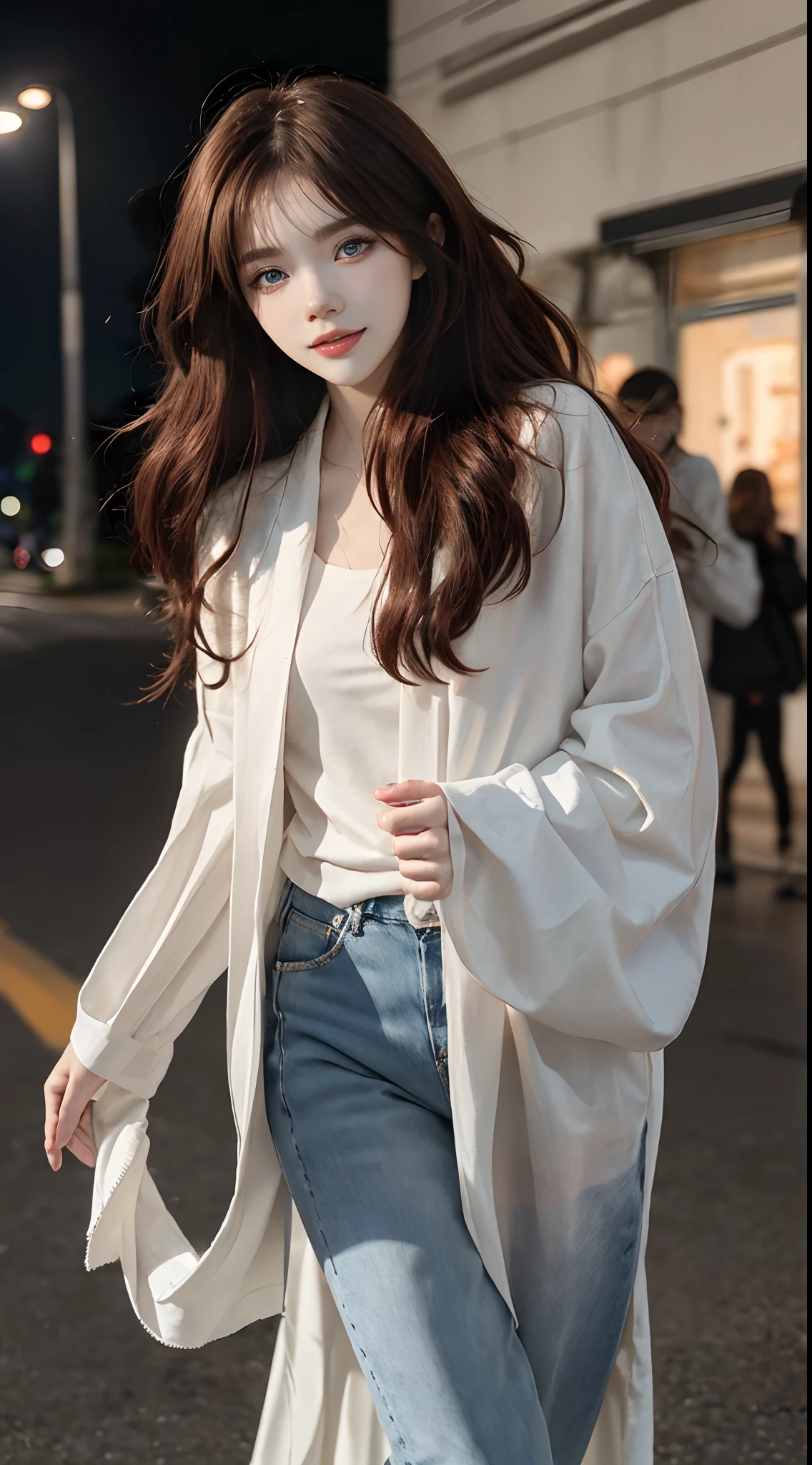 A woman in a white shirt and jeans walking down a street - SeaArt AI