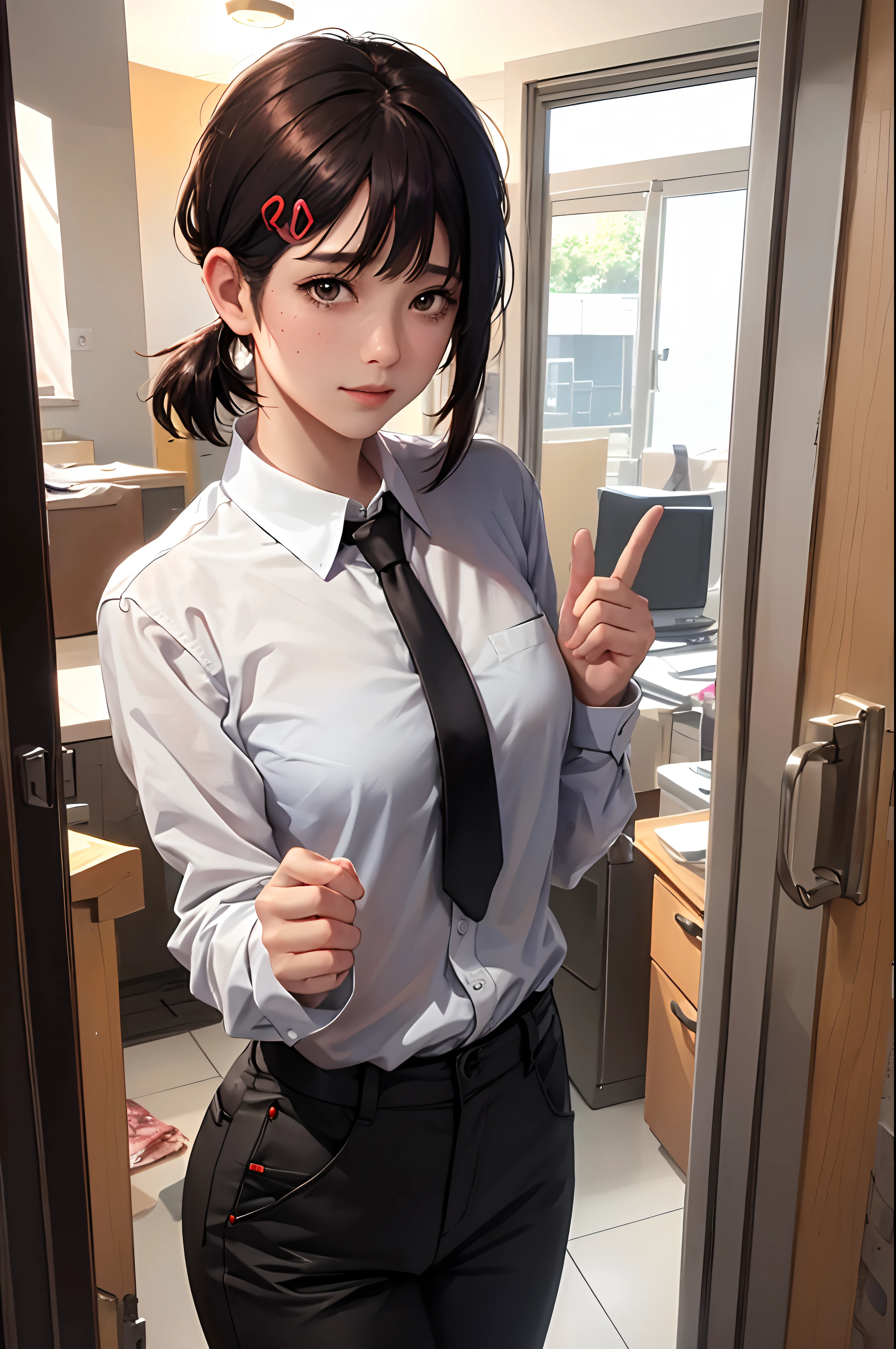 masterpiece, best quality, ultra-detailed, illustration, epic lighting, cinematic composition, isometric, 1girl, solo, cute, brown eyes, black hair, swept bangs, single sidelock, red hairclip, white collared shirt, black necktie, black pants, formal, enchanting gaze, captivating pose, indoors, office, door, opening door, looking at viewer, peeking out upper body, blush, seductive smile, closed mouth,(8k:1.1), hands up