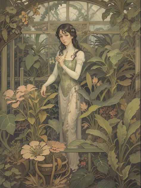 Art Nouveau painting of a female botanist surrounded by exotic plants in a greenhouse