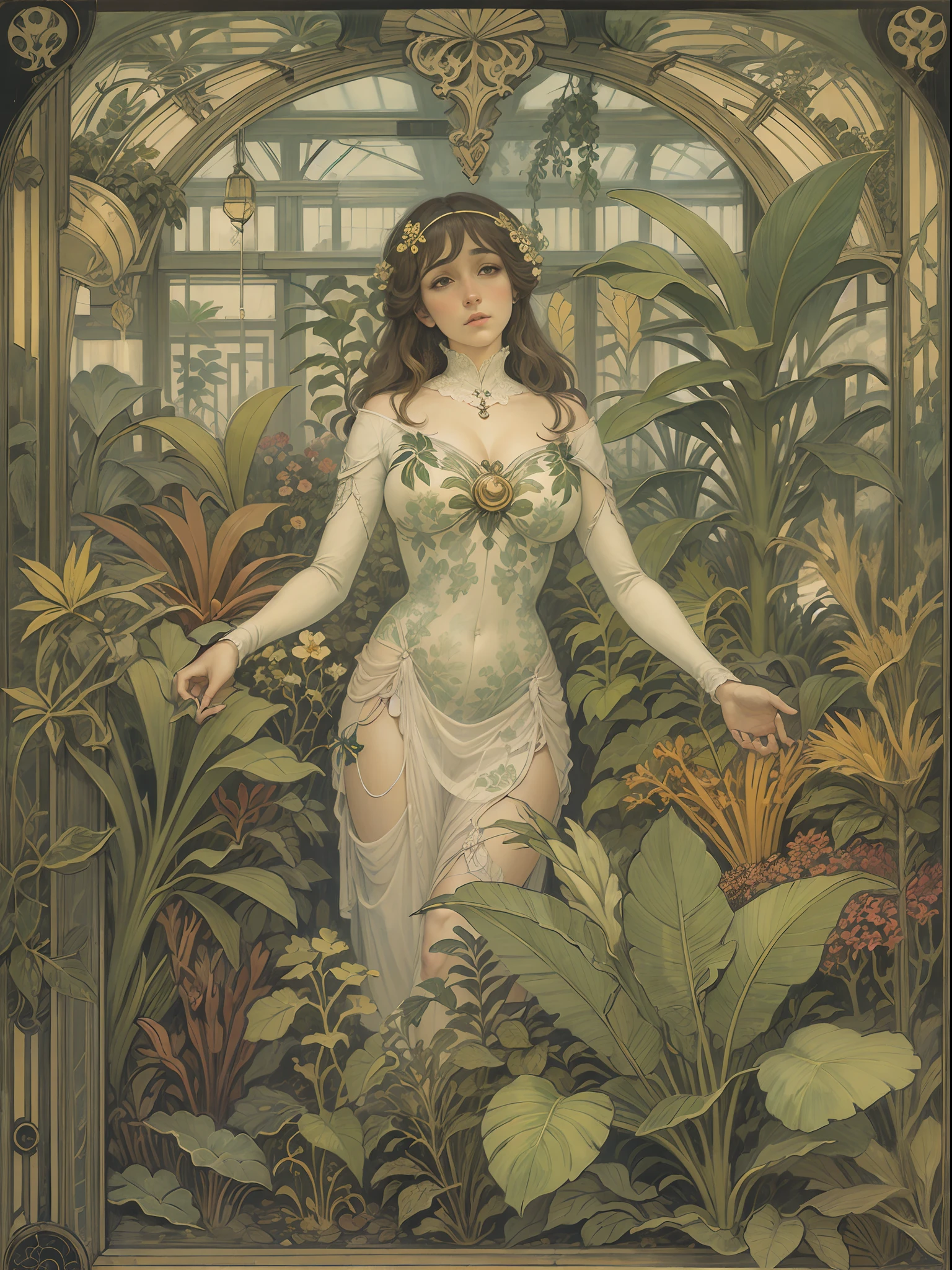 Art Nouveau painting of a female botanist surrounded by exotic plants in a greenhouse