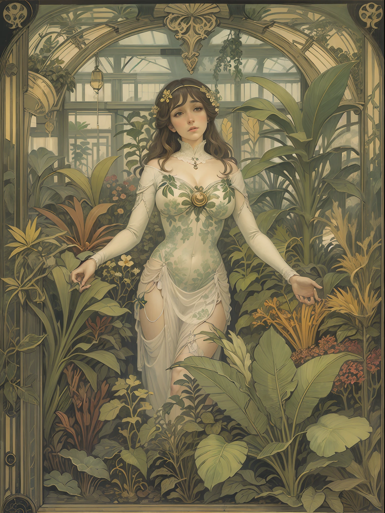 Pintura Art Nouveau de una botánica rodeada de plantas exóticas en un invernadero.