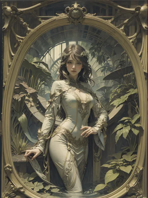 ((Art Nouveau)) painting of a female botanist surrounded by exotic plants in a greenhouse, (cowboy shot), Alphonse Mucha.