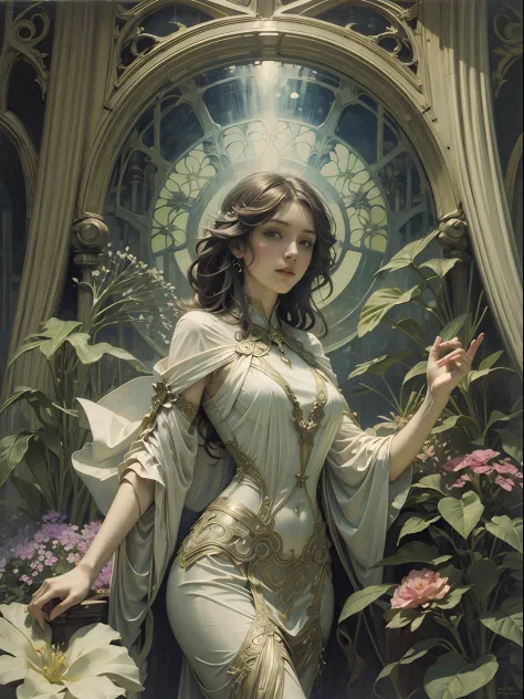 ((Art Nouveau)) painting of a female botanist surrounded by exotic flowers in a greenhouse, (cowboy shot), vivid colors, Alphons...