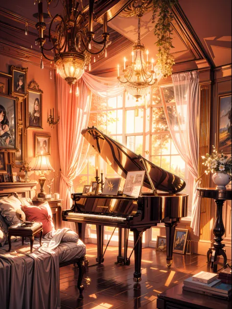 painting of a French piano room interior view, beautiful calm lofi vibe,hanging lights  , golden hour,4k hd,beautiful art uhd 4 k, a beautiful artwork illustration, beautiful digital painting, highly detailed digital painting, beautiful digital artwork, de...