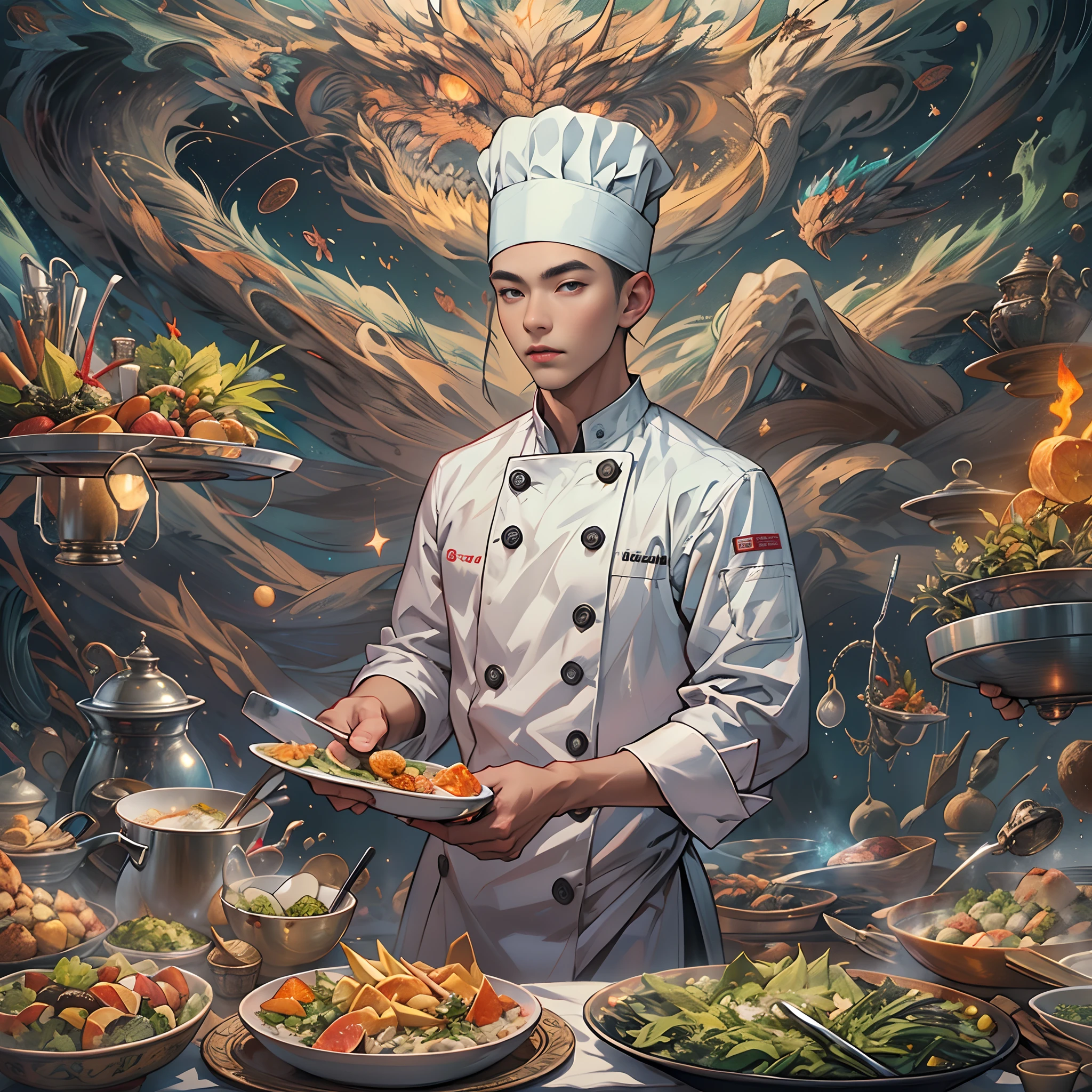 A tall and handsome young chef，Stand on the edge of the dream space, eyes glowing, green apron, Surreal scenes filled with symbols and patterns of various skills, ,in the style of the stars art group xing xing, 32K, Best quality, Masterpiece, Super detail, High details,