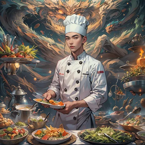 A tall and handsome young chef，Stand on the edge of the dream space, eyes glowing, green apron, Surreal scenes filled with symbo...