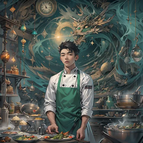 A tall and handsome young chef，Stand on the edge of the dream space, eyes glowing, green apron, Surreal scenes filled with symbo...