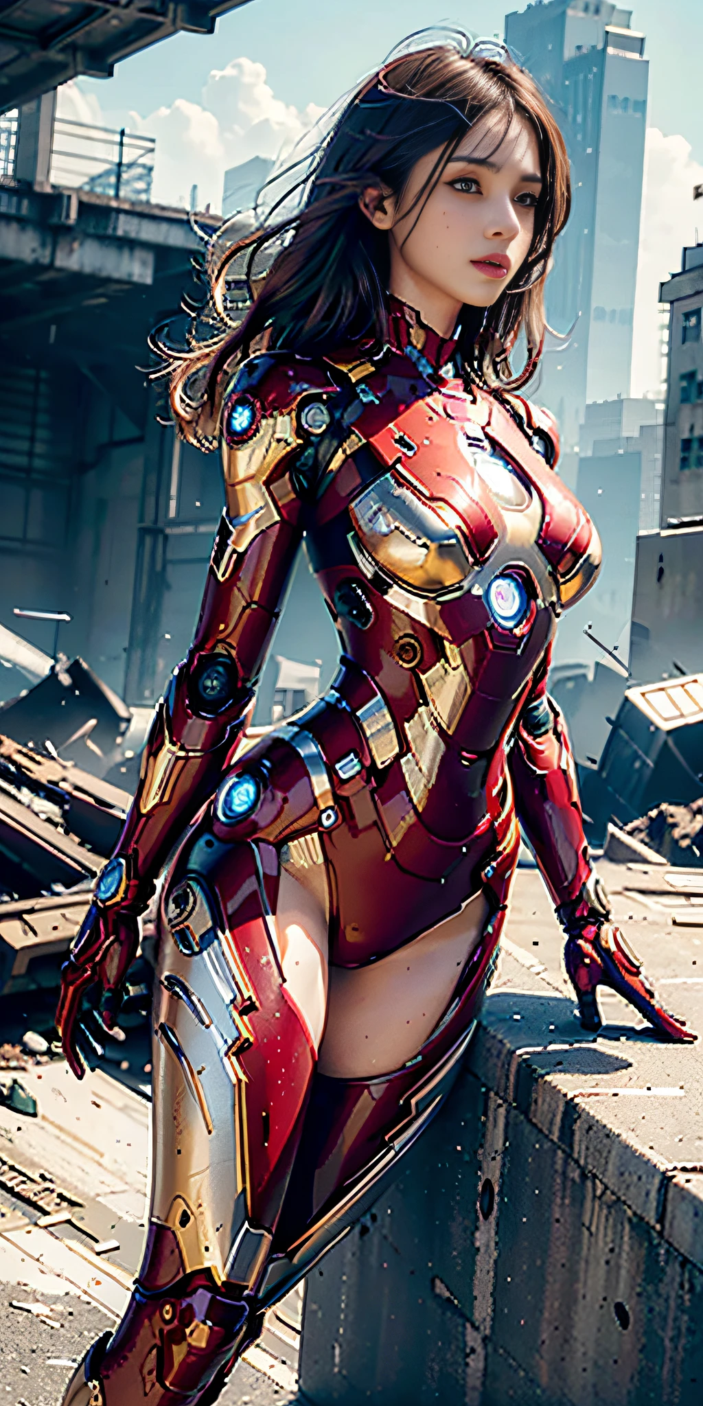 RAW, Masterpiece, Ultra Fine Photo,, Best Quality, Ultra High Resolution, Photorealistic, Sunlight, Full Body Portrait, Stunningly Beautiful,, Dynamic Poses, Delicate Face, Vibrant Eyes, (Side View) , she is wearing a futuristic Iron Man mech, red and gold color scheme, highly detailed abandoned warehouse background, detailed face, detailed and complex busy background, messy, gorgeous, milky white, high detailed skin, realistic skin details, visible pores , sharp focus, volumetric fog, 8k uhd, dslr camera, high quality, film grain, fair skin, photorealism, lomography, sprawling metropolis in futuristic dystopia, view from below, translucent