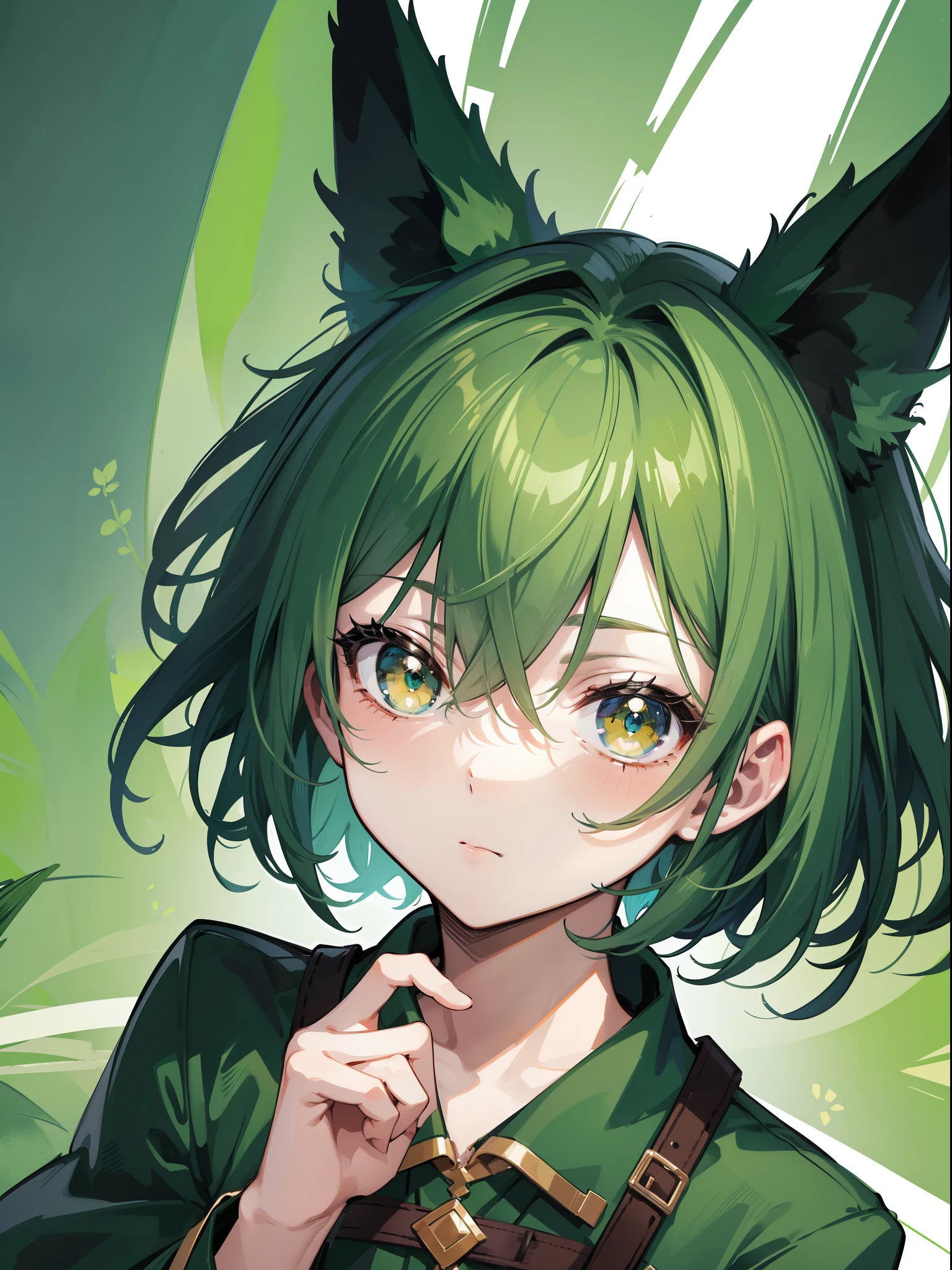 Chica anime con cabello verde y orejas verdes con ojos verdes - SeaArt AI