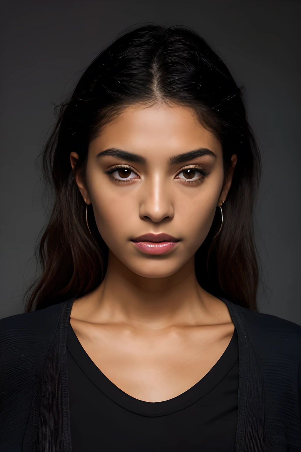 a photo of a seductive Hispanic/Latinx woman with loose styled hair, bored, she is wearing a T-Shirt and Trousers, , mascara, (textured skin, skin pores:1.2), (moles:0.8), (imperfect skin:1.1), intricate details, goosebumps, flawless face, (light freckles:0.9), ((photorealistic):1.1), (raw, 8k:1.2), dark, muted colors, slate atmosphere, studio shot, colorfull background
