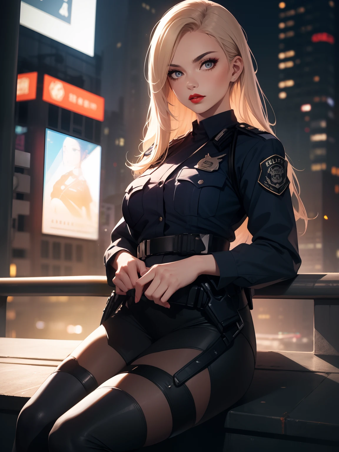 Solo, (Police Uniform, policewoman), Stockings, City lights, (gaze at the audience: 1.3), Lips apart, Red lips, Shiny skin, dent in the skin, Best Quality, Ultra High Resolution, (Realism: 1.4),