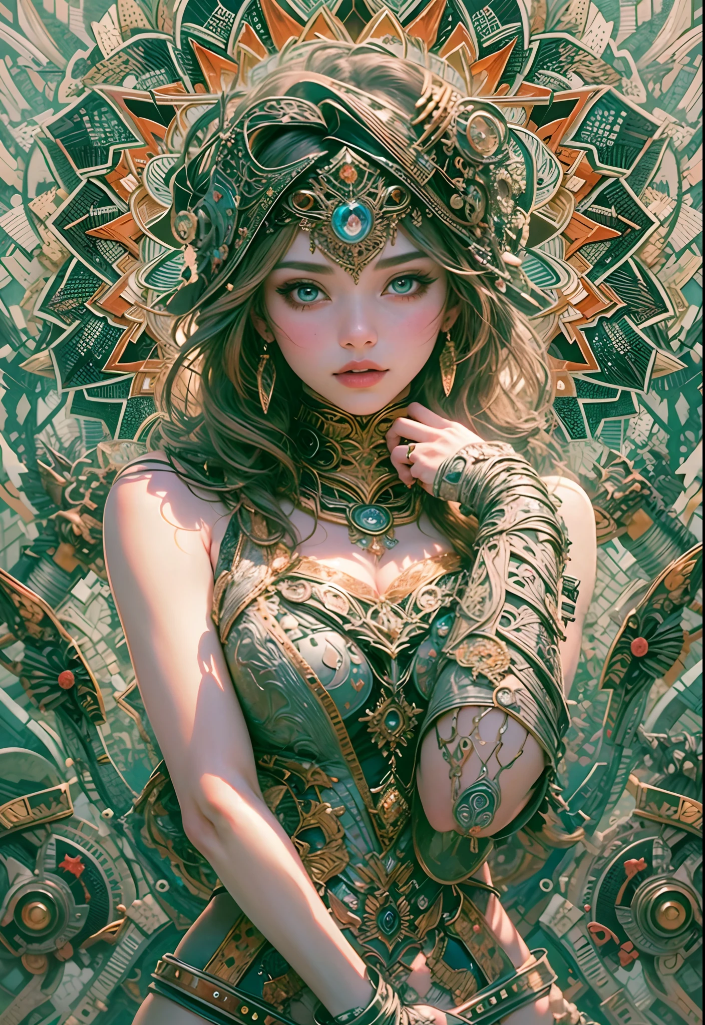 Arte oficial, papel de parede da unidade 8k, ultra detalhado, lindo and aesthetic, alta qualidade, lindo, obra de arte, melhor qualidade, (zenemaranhado, mandala, emaranhado, enemaranhado, one solo lindo girl and holy armor elegantly posing: 1.6), retrato de corpo inteiro. Roupas reveladoras sedutoras e sedutoras sexy. detalhes lindamente intrincados. luz cinematográfica. luminoso.