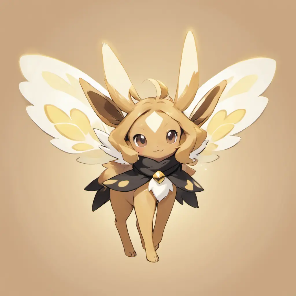 Eevee, soft yellow and white, black antennae and black insect legs, brown scarf, and white fairy-like wings with tan pattern, ma...