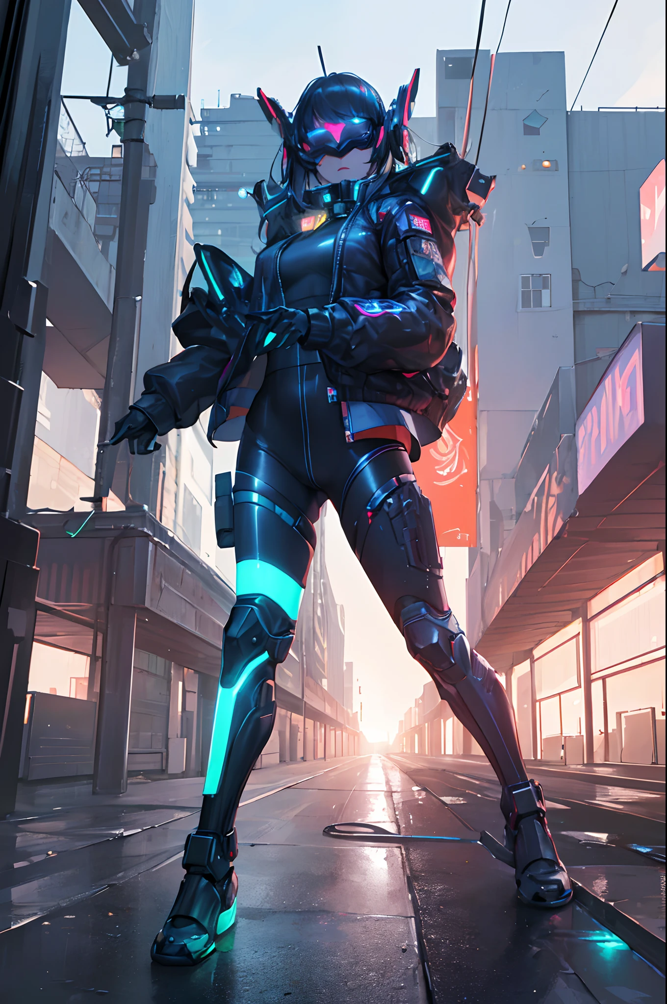 (Best quality,highres:1.2), ultra-detailed, (realistic:1.3), cyberpunk, futuristic, portrait, shiny revealing latex outfit, cyber implants, virtual reality, glowing makeup, metallic body parts, body modification, techno atmosphere, cityscape background, hovering robotic arms, advanced technology, electric blue color palette, surreal lighting.