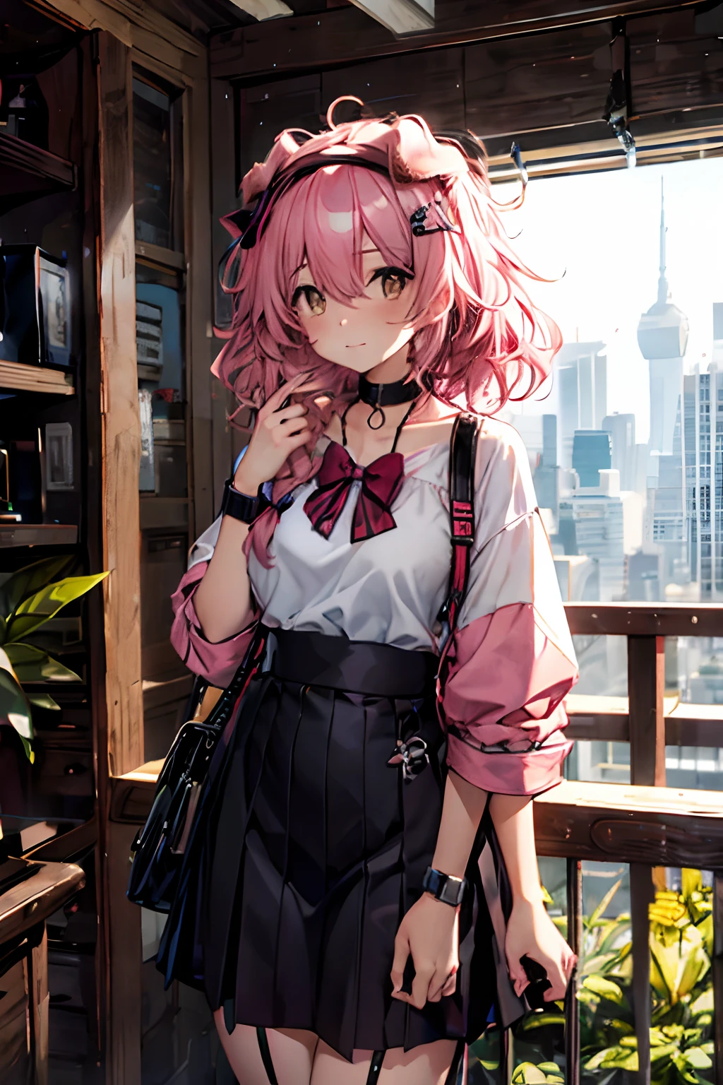 Best quality at best，tmasterpiece，1girll，Pink hair，messy  hair，curly_hair，The shirt，a skirt，Kawai，JK，red_bow，Wrist watch，choker necklace，view over city，8K original photos，超高分辨率，highest details，复杂，8k，HDR