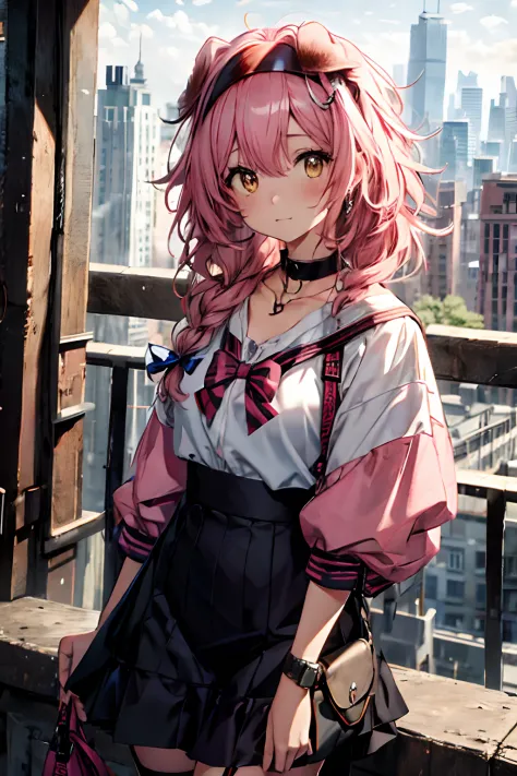 Best quality at best，tmasterpiece，1girll，Pink hair，messy  hair，curly_hair，The shirt，a skirt，Kawai，JK，red_bow，Wrist watch，choker ...