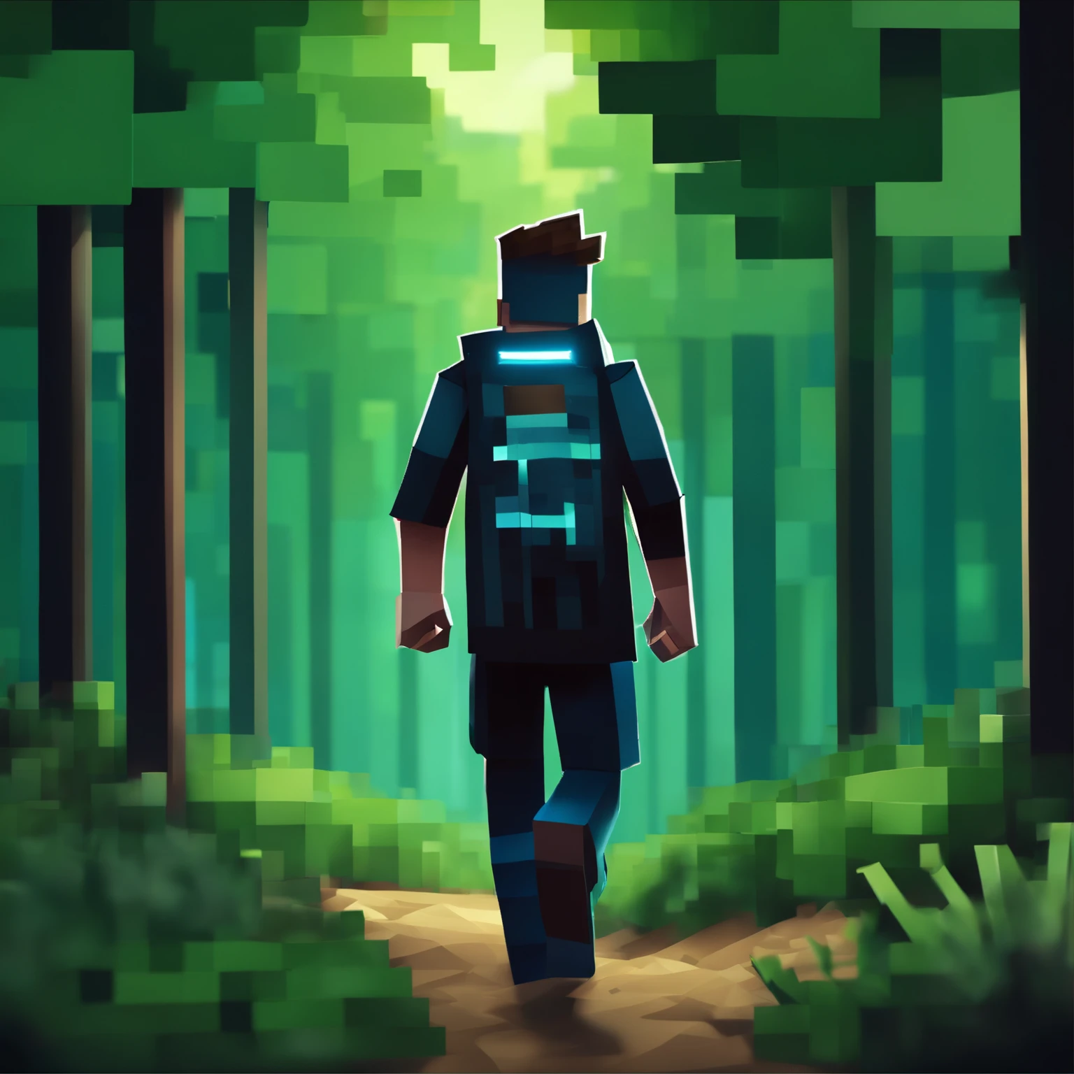 A man in a blue jacket walking through a forest - SeaArt AI