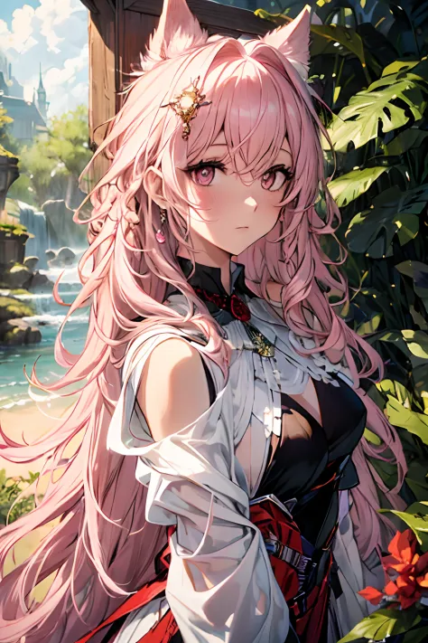 (best quality, 4k, 8k, a high resolution, masterpiece:1.2), ultra-detailed, noble maiden, exquisite facial features，pink curly h...