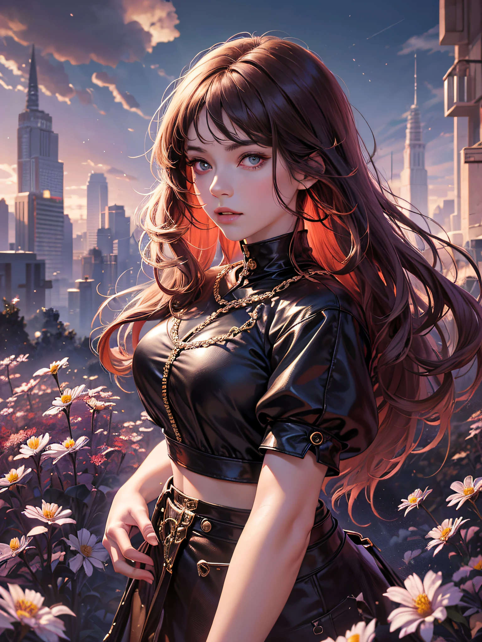 a historic young beautiful character, wearing a crop top with short skirt, looking at viewer, maroon cream black vintage, sunset, soft body, flowing hair, wild flowers, the start of spring, Shadow play, top view, light, mist, moody, glossy brown hair, earthy, vivid, red, purple, blue, cinematic, Film light, Hyper detailed, Hyper realistic, masterpiece, atmospheric, High resolution, Vibrant, High contrast, dark angle, art by Koos Roos, 8k, HDR, 500px
