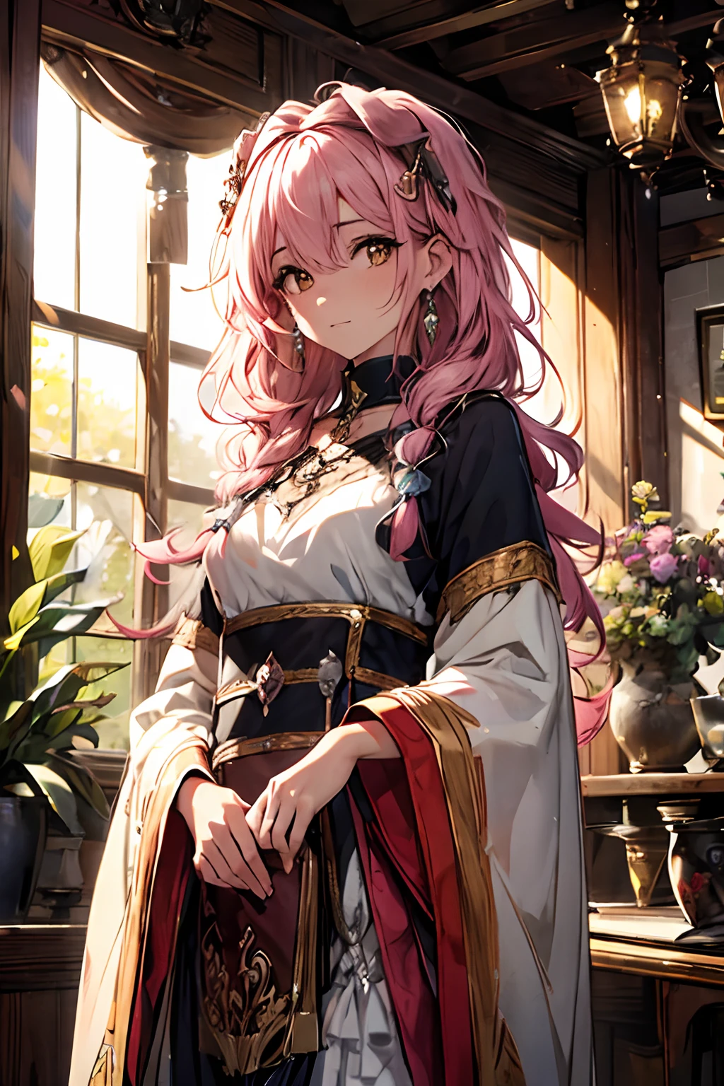 (Best quality, 4K, 8K, A high resolution, Masterpiece:1.2), Ultra-detailed, Noble maiden, Exquisite facial features，Pink curly hair long hair details expressed, Graceful posture, Dreamy atmosphere, expressive brush strokes, mystical ambiance, Artistic interpretation,Delicately coiled hair，Floral jewelry with exquisite details, Crystal diamond jewelry，Small fresh aesthetics，Stunning intricate costumes, Fantasy illustration, Subtle colors and tones, The details have been upgraded