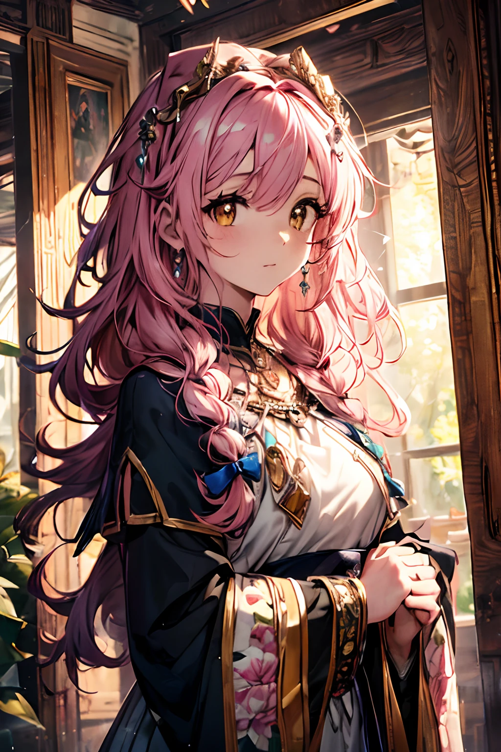 (Best quality, 4K, 8K, A high resolution, Masterpiece:1.2), Ultra-detailed, Noble maiden, Exquisite facial features，Pink curly hair long hair details expressed, Graceful posture, Dreamy atmosphere, expressive brush strokes, mystical ambiance, Artistic interpretation,Delicately coiled hair，Floral jewelry with exquisite details, Crystal diamond jewelry，Small fresh aesthetics，Stunning intricate costumes, Fantasy illustration, Subtle colors and tones, The details have been upgraded