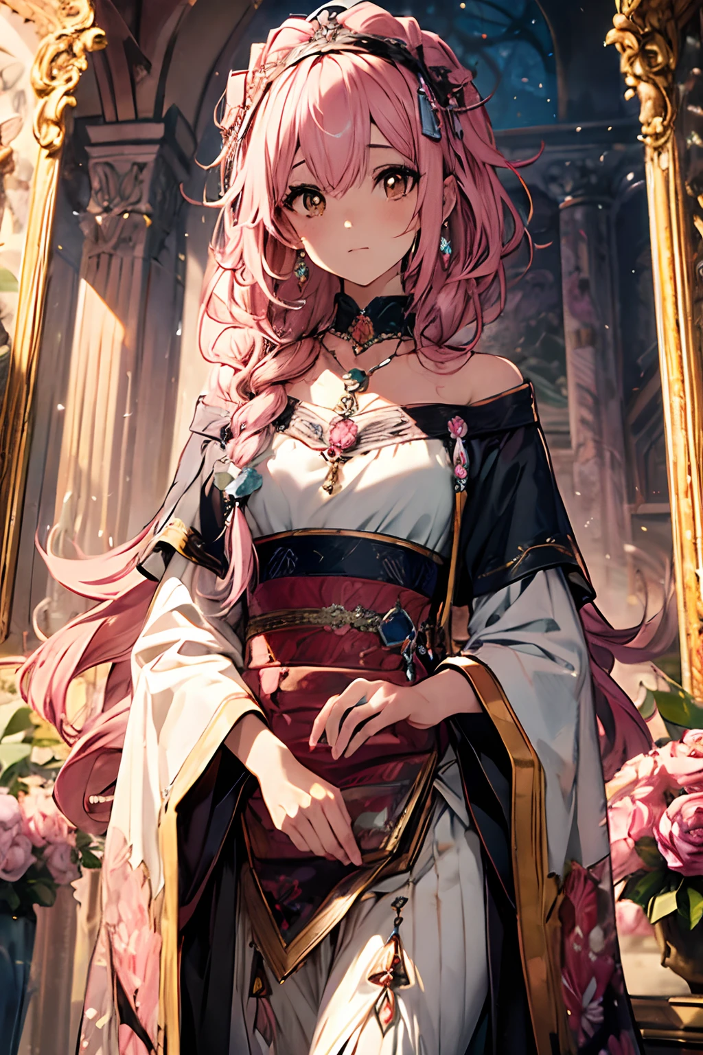 (Best quality, 4K, 8K, A high resolution, Masterpiece:1.2), Ultra-detailed, Noble maiden, Exquisite facial features，Pink curly hair long hair details expressed, Graceful posture, Dreamy atmosphere, expressive brush strokes, mystical ambiance, Artistic interpretation,Delicately coiled hair，Floral jewelry with exquisite details, Crystal diamond jewelry，Small fresh aesthetics，Stunning intricate costumes, Fantasy illustration, Subtle colors and tones, The details have been upgraded