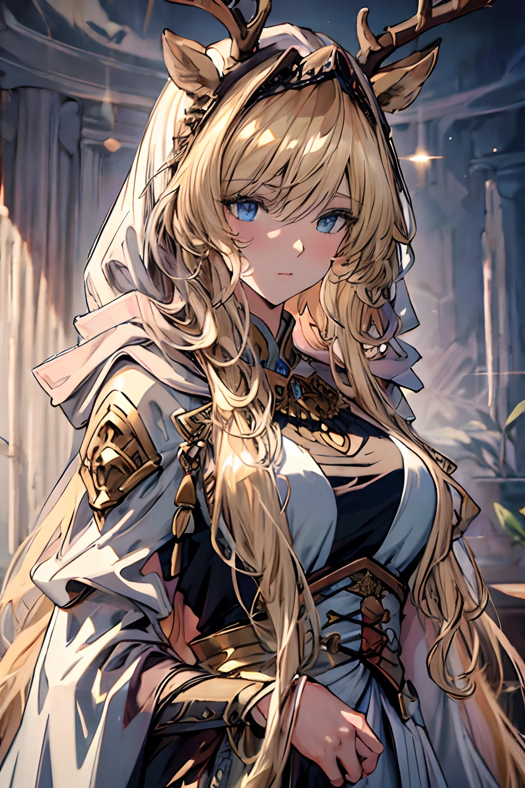 (Best quality, 4K, 8K, A high resolution, Masterpiece:1.2), Ultra-detailed, Noble maiden, Exquisite facial features，Long blonde curly hair details expressed, Graceful posture, Dreamy atmosphere, expressive brush strokes, mystical ambiance, Artistic interpretation,Delicately coiled hair，Floral jewelry with exquisite details, Crystal diamond jewelry，Small fresh aesthetics，Stunning intricate costumes, Fantasy illustration, Subtle colors and tones, The details have been upgraded