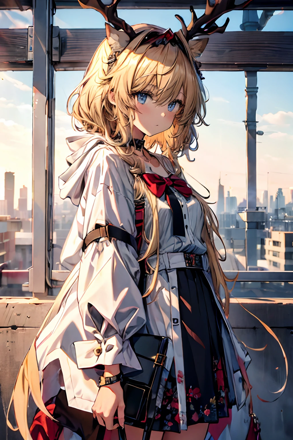 Best quality at best，tmasterpiece，1girll，Blonde hair，messy  hair，curly_Hair，The shirt，a skirt，kawai，JK，Red_bow，Wrist watch，choker necklace，view over city，Original photo of 8K，超高分辨率，highest details，复杂，8K，hdr