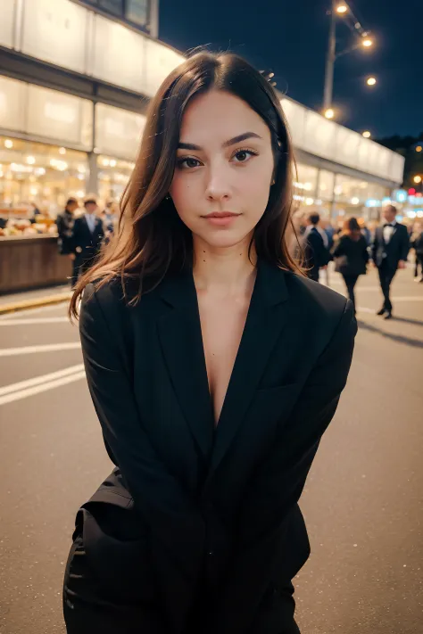 solo, very detailed, detailed face, charlotte_namura, picture of a beautiful girl wearing black tuxedo, soft smile, outside in a...
